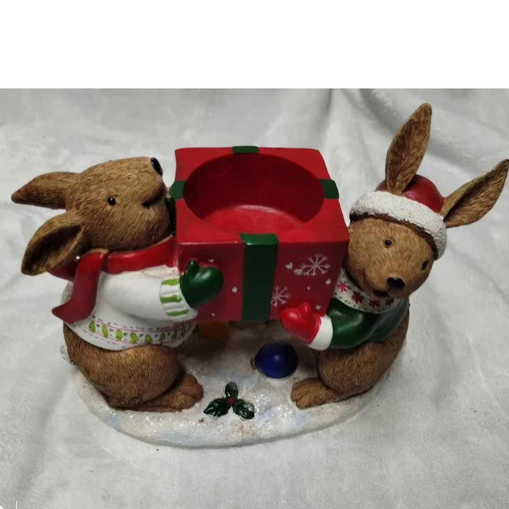 Yankee Candle Christmas Bunnies Tea‎ Light Holder Red Gift Box Figurine 1132752